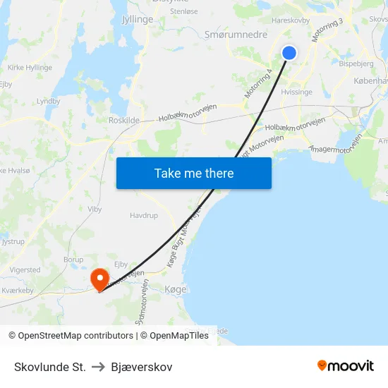 Skovlunde St. to Bjæverskov map