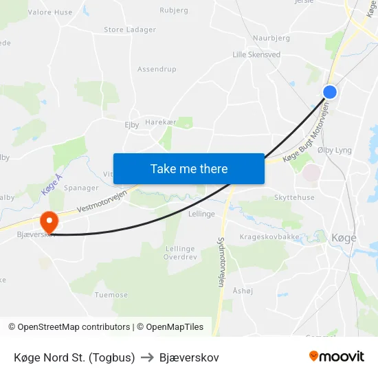 Køge Nord St. (Togbus) to Bjæverskov map