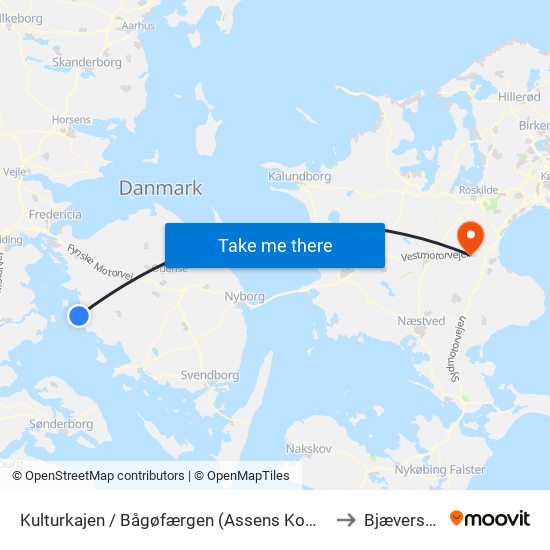 Kulturkajen / Bågøfærgen (Assens Kommune) to Bjæverskov map