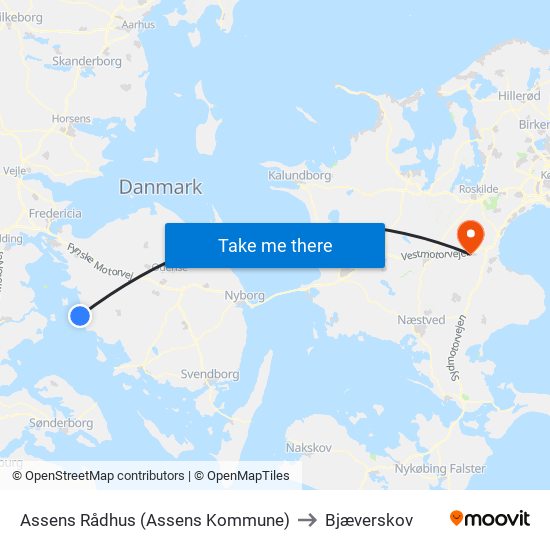 Assens Rådhus (Assens Kommune) to Bjæverskov map