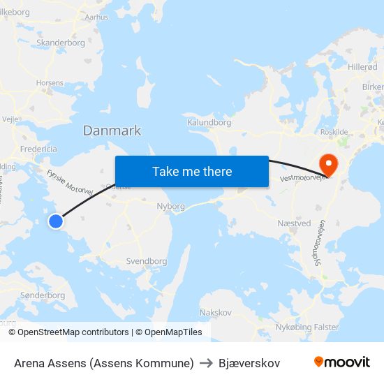 Arena Assens (Assens Kommune) to Bjæverskov map