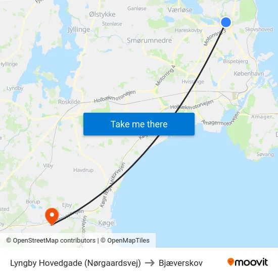 Lyngby Hovedgade (Nørgaardsvej) to Bjæverskov map
