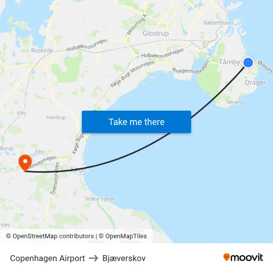 Copenhagen Airport to Bjæverskov map