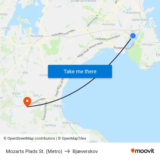 Mozarts Plads St. (Metro) to Bjæverskov map