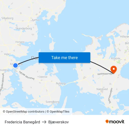 Fredericia Banegård to Bjæverskov map