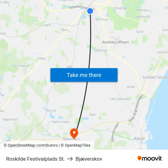 Roskilde Festivalplads St. to Bjæverskov map