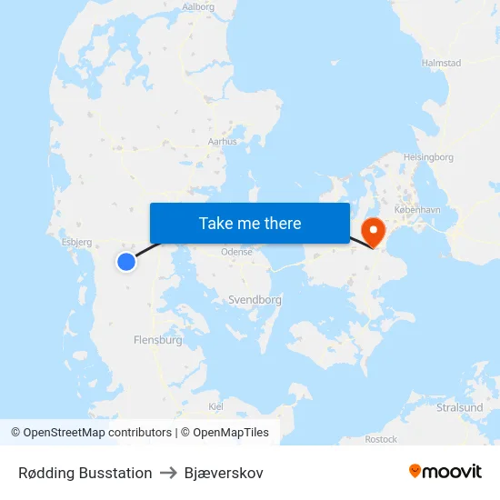 Rødding Busstation to Bjæverskov map