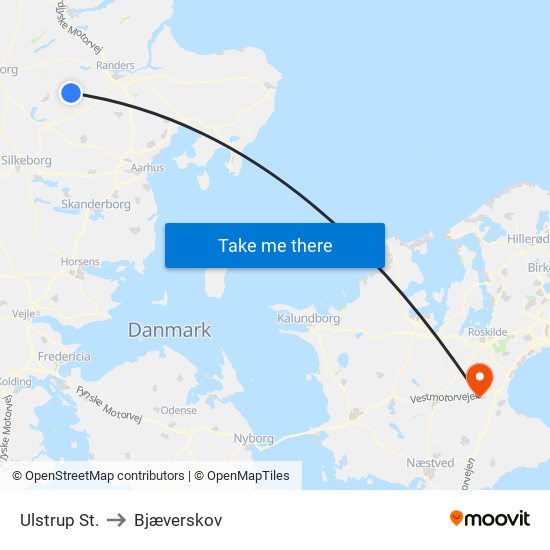 Ulstrup St. to Bjæverskov map