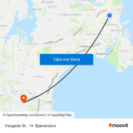 Vangede St. to Bjæverskov map