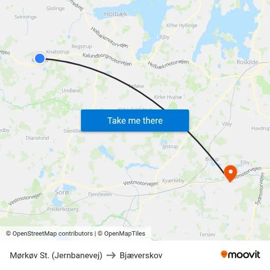 Mørkøv St. (Jernbanevej) to Bjæverskov map