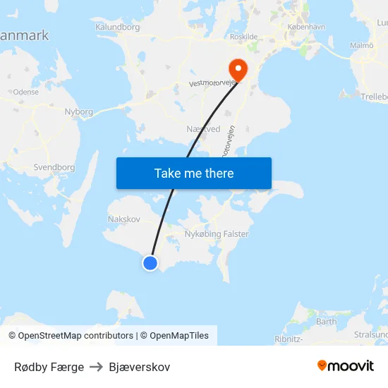 Rødby Færge to Bjæverskov map