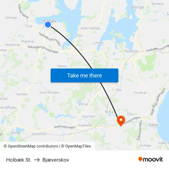 Holbæk St. to Bjæverskov map