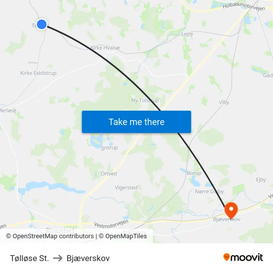 Tølløse St. to Bjæverskov map