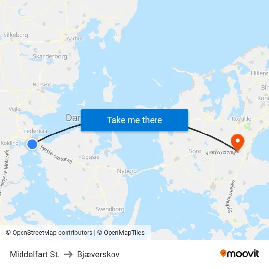 Middelfart St. to Bjæverskov map