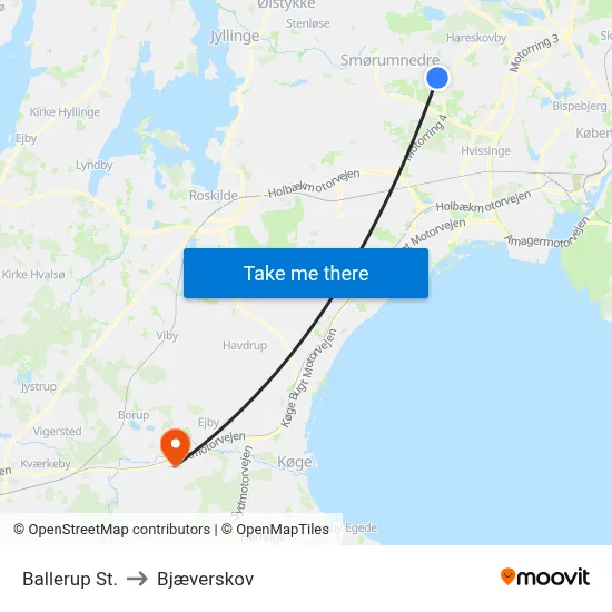 Ballerup St. to Bjæverskov map
