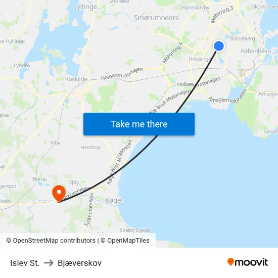 Islev St. to Bjæverskov map