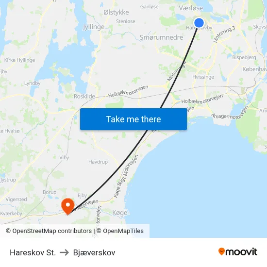 Hareskov St. to Bjæverskov map