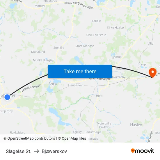 Slagelse St. to Bjæverskov map