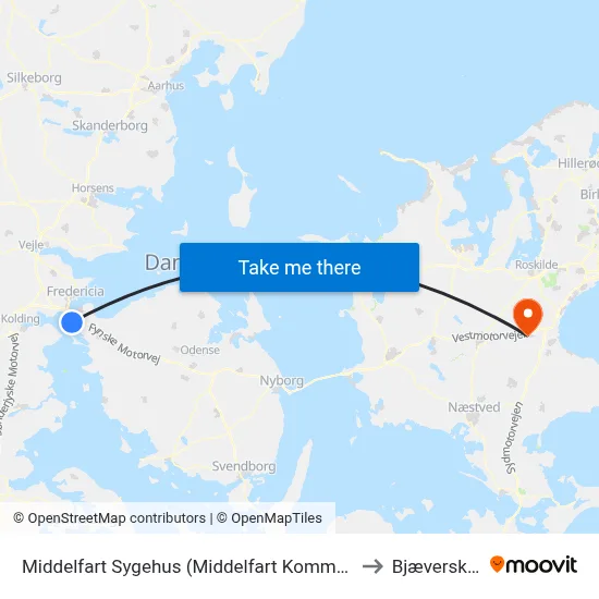 Middelfart Sygehus (Middelfart Kommune) to Bjæverskov map