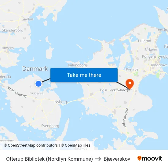 Otterup Bibliotek (Nordfyn Kommune) to Bjæverskov map
