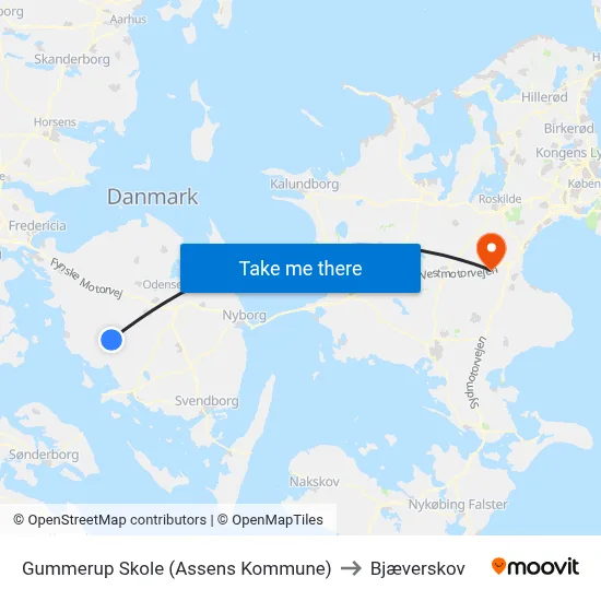 Gummerup Skole (Assens Kommune) to Bjæverskov map