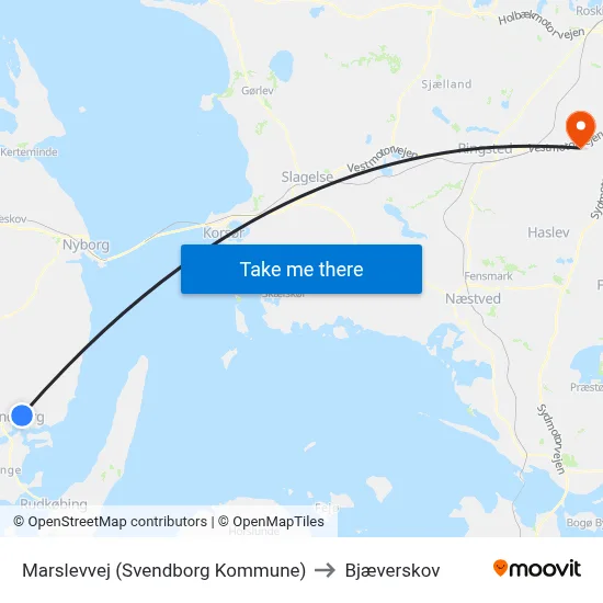 Marslevvej (Svendborg Kommune) to Bjæverskov map