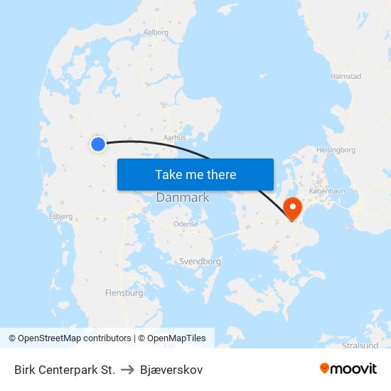 Birk Centerpark St. to Bjæverskov map