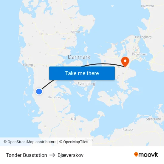 Tønder Busstation to Bjæverskov map