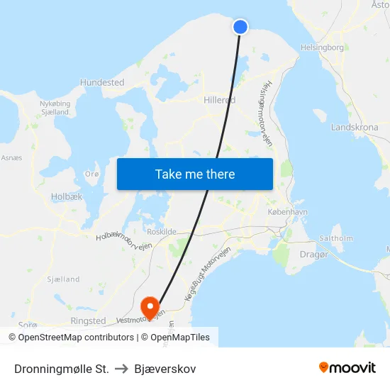 Dronningmølle St. to Bjæverskov map