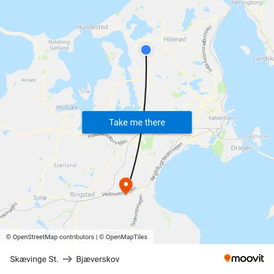Skævinge St. to Bjæverskov map