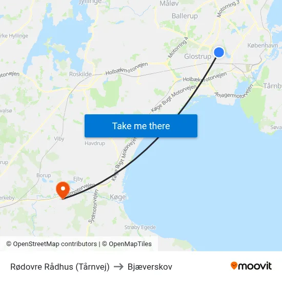 Rødovre Rådhus (Tårnvej) to Bjæverskov map