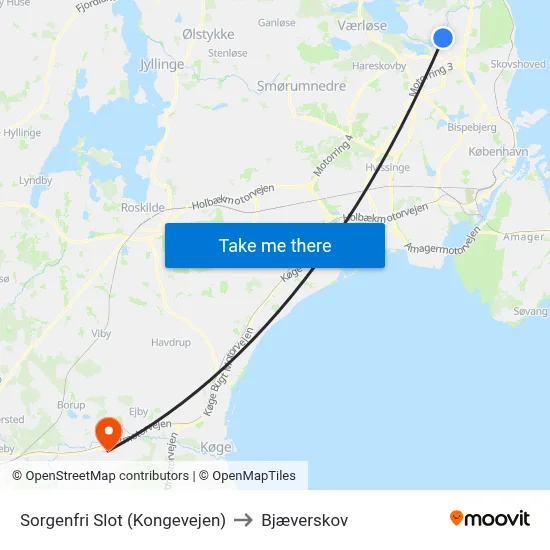Sorgenfri Slot (Kongevejen) to Bjæverskov map