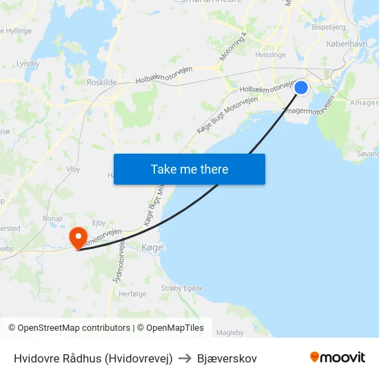Hvidovre Rådhus (Hvidovrevej) to Bjæverskov map