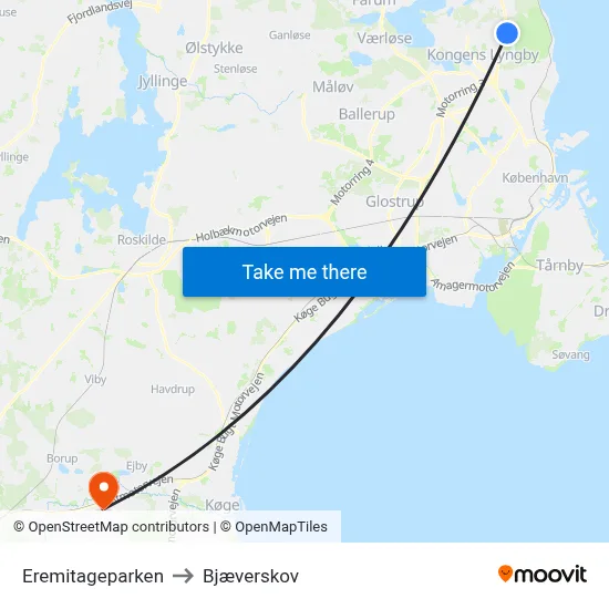 Eremitageparken to Bjæverskov map