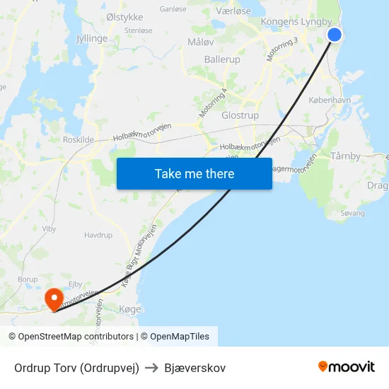 Ordrup Torv (Ordrupvej) to Bjæverskov map