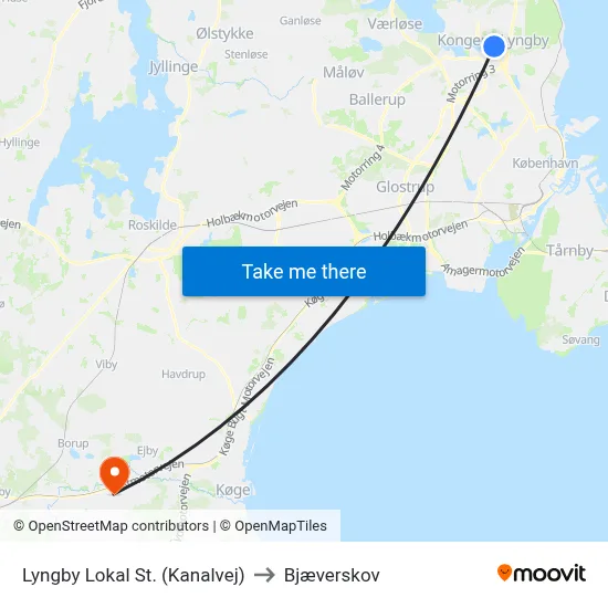 Lyngby Lokal St. (Kanalvej) to Bjæverskov map