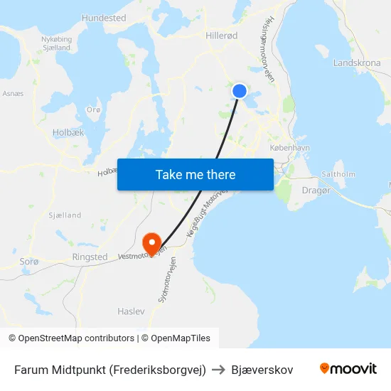 Farum Midtpunkt (Frederiksborgvej) to Bjæverskov map