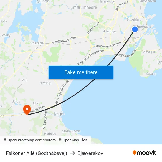 Falkoner Allé (Godthåbsvej) to Bjæverskov map