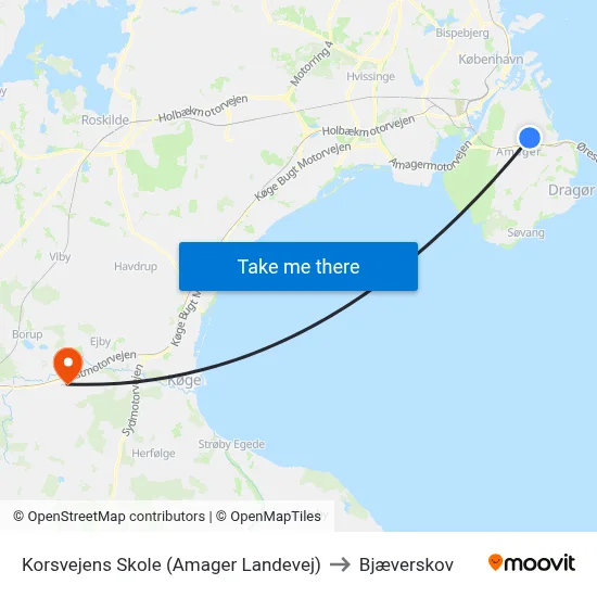 Korsvejens Skole (Amager Landevej) to Bjæverskov map