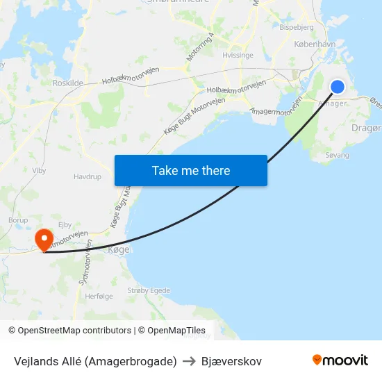 Vejlands Allé (Amagerbrogade) to Bjæverskov map