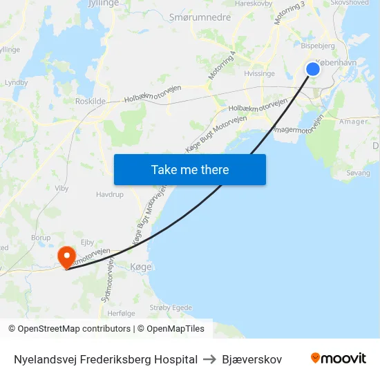 Nyelandsvej Frederiksberg Hospital to Bjæverskov map