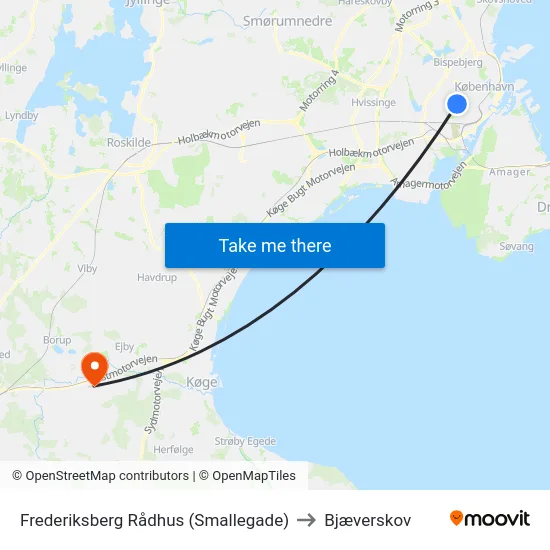 Frederiksberg Rådhus (Smallegade) to Bjæverskov map