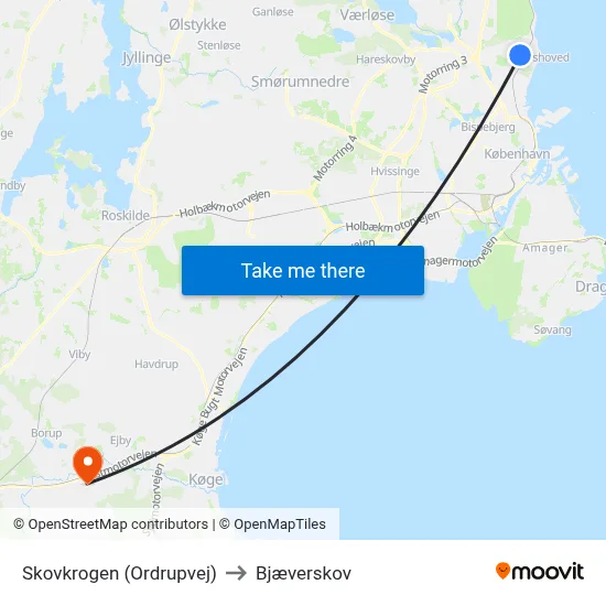 Skovkrogen (Ordrupvej) to Bjæverskov map