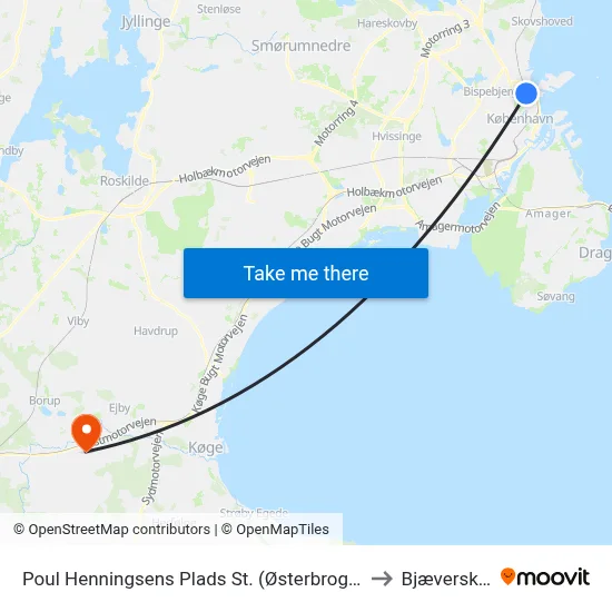 Poul Henningsens Plads St. (Østerbrogade) to Bjæverskov map