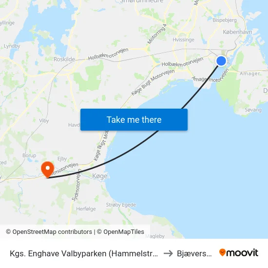 Kgs. Enghave Valbyparken (Hammelstrupvej) to Bjæverskov map