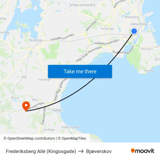 Frederiksberg Allé (Kingosgade) to Bjæverskov map