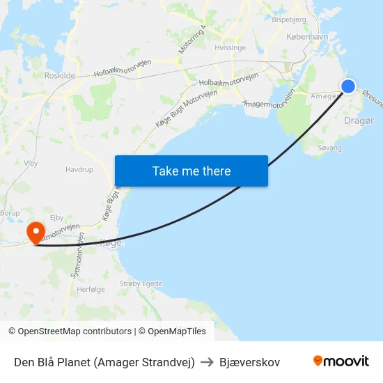 Den Blå Planet (Amager Strandvej) to Bjæverskov map