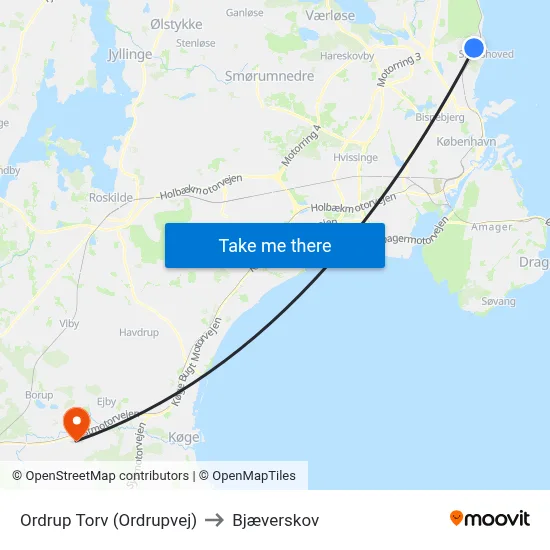 Ordrup Torv (Ordrupvej) to Bjæverskov map