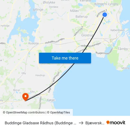 Buddinge Gladsaxe Rådhus (Buddinge Torv) to Bjæverskov map