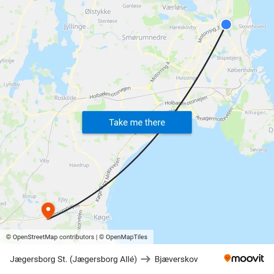 Jægersborg St. (Jægersborg Allé) to Bjæverskov map